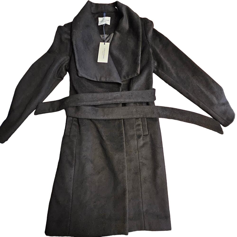 NWT Cole Haan Wool Blend Belted Tie Waist Coat Elegantly- Black - 12 Year-round